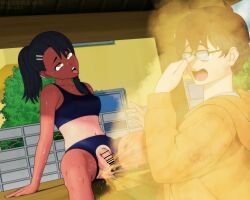 1boy 1futa black_hair blush breasts brown_eyes brown_hair censored clothed clothing fart flaccid futanari glasses hayase_nagatoro hi_res highres long_hair naoto_hachioji_(senpai) navel open_mouth penis please_don't_bully_me,_nagatoro ponytail revealing_clothes short_hair simple_background sitting small_breasts sports_bra sportswear spread_legs sweat tan tan-skinned_futanari tan_body tan_skin tanline tanned tanned_futa tongue_out torn_clothes viledraws