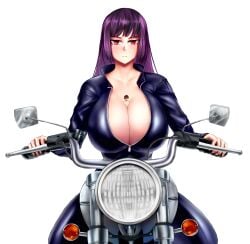 1boy 1girls big_breasts blush breasts brown_eyes cleavage clothed clothing curvy dayby female hi_res highres long_hair looking_at_viewer miniboy motorcycle naoto_hachioji_(senpai) nude please_don't_bully_me,_nagatoro president_(nagatoro) purple_hair red_eyes revealing_clothes sana_sunomiya short_hair simple_background spread_legs watermark wide_hips