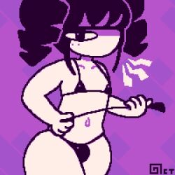 1boy black_hair bra bulge drill_hair femboy goth gothic micro_bikini octotron2000 penis pixel_art solo solo_male thick_thighs thong whip wide_hips