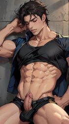 1boy ai_generated balls_under_clothes black_hair boxers boxers_(clothing) closed_eyes erection jojo's_bizarre_adventure jotaro_kujo male male_only muscular_male penis penis_out penis_out_of_underwear solo stardust_crusaders veiny_penis