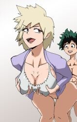 1boy 1boy1girl 1girls bakugou_mitsuki blonde_hair boku_no_hero_academia female grabbing_own_breasts holding_own_breasts izuku_midoriya lolo2 male male/female midoriya_izuku milf mitsuki_bakugou my_hero_academia no_panties older_female older_woman_and_younger_boy red_eyes short_hair teenager touching_own_breasts younger_male