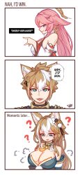 2girls before_and_after breasts comic dog_ears english_text female femboy fox_ears gender_transformation genderswap genshin_impact gorou_(genshin_impact) hoyoverse large_breasts male nah_id_win rule_63 speech_bubble yae_miko