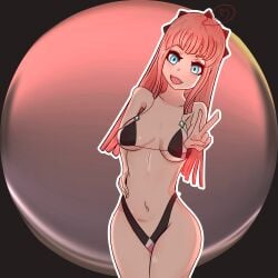 1girls alternate_costume bangs bikini black_bikini black_swimsuit blue_eyes breasts felicia_(fire_emblem) female female_only fire_emblem fire_emblem_fates long_hair looking_at_viewer meinou nintendo open_mouth pink_hair sideboob small_breasts solo swimsuit underboob v very_long_hair