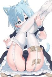 1boy adjusting_clothes adjusting_legwear animal_ears anus anus_peek apron ass black_dress black_panties blue_eyes blue_hair blush bright_pupils bulge cat_boy cat_ears cat_tail catboy dress femboy garter_straps girly highres kaberiasii legs_up looking_at_viewer maid_apron male male_focus male_only misskey.io money murakami-san_(misskey.io) otoko_no_ko panties perineum puffy_short_sleeves puffy_sleeves short_sleeves skindentation solo tail thighhighs trap tucked_money underwear white_pupils white_thighhighs wrist_cuffs