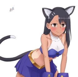 1girls ___2-you_qq all_fours black_hair blush breasts brown_eyes cat_ears cat_tail catgirl clothed clothing cskirt earrings eternal female female_focus female_only hayase_nagatoro hi_res highres long_hair looking_at_viewer navel please_don't_bully_me,_nagatoro revealing_clothes simple_background small_breasts smile solo tan tan-skinned_female tan_body tan_skin tanline tanned tanned_female watermark white_background