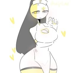 1girls arm_up better_version_at_source big_thighs christian christian_symbol countryhumans countryhumans_girl cross female fists_clenched fixed grey_eyes holding holding_breast kak0yt0_chel looking_at_viewer necklace nun nun_hat socks solo solo_focus thigh_gap thighhighs vatican_city_(countryhumans) white_background white_outfit yellow_eyes yellow_nails yellow_neckwear