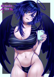 1girls beauty_mark birthmark black_wings blue_eyes blue_hair cleavage coffee coffee_mug dreizehn fallen_angel female_focus female_only grumpy halo hourglass_figure kaina_(megrocks) large_breasts looking_at_viewer medium_hair megrocks midriff midriff_baring_shirt original original_character pale-skinned_female pale_skin pout solo solo_female solo_focus striped_clothing thick_thighs thong wings