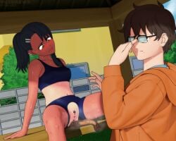 1boy 1girls black_hair blush breasts brown_eyes brown_hair censored clothed clothing embarrassed female glasses hayase_nagatoro hi_res highres long_hair naoto_hachioji_(senpai) navel please_don't_bully_me,_nagatoro ponytail revealing_clothes scat short_hair simple_background sitting small_breasts sports_bra sportswear spread_legs sweat tan tan-skinned_female tan_body tan_skin tanline tanned tanned_female torn_clothes viledraws