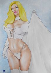 big_breasts blonde_hair breasts cameltoe cape cleavage corset diego_bruno ed_benes_studio emma_frost female hellfire_club homo_superior hourglass_figure huge_breasts marvel marvel_comics mutant navel panties pussy_bulge telepath thick_thighs thighhighs traditional_media_(artwork) white_queen x-men