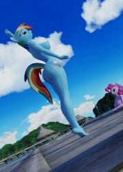 anthro ass blue_body blue_eyes blue_skin earth_pony equid equine friendship_is_magic hasbro horse lumimation mammal my_little_pony pink_body pink_eyes pink_hair pink_skin pink_tail pinkie_pie_(mlp) pony rainbow_dash_(mlp) rainbow_hair rainbow_tail tail