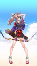 2d 2d_animation animated archer bow eyepatch monica_(project_qt) nutaku one_hand_behind_head ponytail project_qt quiver skirt solo_female