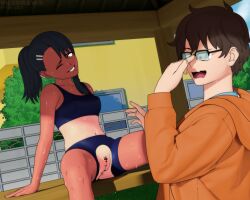 1boy 1girls 3d black_hair blush breasts brown_eyes brown_hair censored clothed clothing female glasses hayase_nagatoro hi_res highres long_hair naoto_hachioji_(senpai) navel please_don't_bully_me,_nagatoro ponytail revealing_clothes short_hair simple_background sitting small_breasts smile sports_bra sportswear spread_legs sweat tan tan-skinned_female tan_body tan_skin tanline tanned tanned_female torn_clothes viledraws wink