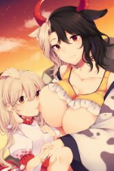 2girls animal_print better_version_at_source black_hair breast_sucking breasts cow_horns cow_print ebisu_eika hand_on_another's_head haori holding_hands horns japanese_clothes large_breasts lowres milf multicolored_hair multiple_girls nipples red_eyes tagme tama_(soon32281) touhou urumi_ushizaki ushizaki_urumi white_hair yellow_eyes yuri