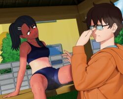 1boy 1girls 3d black_hair blush breasts brown_eyes brown_hair clothed clothing embarrassed female glasses hayase_nagatoro hi_res highres long_hair naoto_hachioji_(senpai) navel open_mouth please_don't_bully_me,_nagatoro ponytail revealing_clothes short_hair simple_background sitting small_breasts sports_bra sportswear spread_legs sweat tan tan-skinned_female tan_body tan_skin tanline tanned tanned_female viledraws