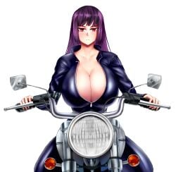 1girls big_breasts breasts cleavage clothed clothing curvy dayby female female_focus female_only hi_res highres leather long_hair looking_at_viewer motorcycle please_don't_bully_me,_nagatoro president_(nagatoro) purple_hair red_eyes revealing_clothes sana_sunomiya simple_background solo white_background wide_hips