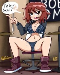 1girls black_eyes brown_hair female freckles holding_object kim_pine rabbidsigner scott_pilgrim short_hair solo solo_female spread_legs sweat underwear