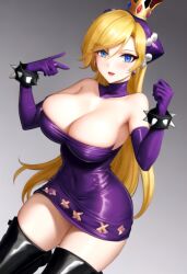 1girls ai_generated armbands big_breasts blonde_hair blue_eyes breasts cleavage clothing crown dress female female_only grey_background latex latex_legwear latex_thighhighs long_hair looking_at_viewer mario_(series) mario_tennis nintendo purple_dress solo standing wapeach