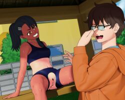 1boy 1girls 3d black_hair blush breasts brown_eyes brown_hair censored clothed clothing female glasses hayase_nagatoro hi_res highres long_hair naoto_hachioji_(senpai) navel please_don't_bully_me,_nagatoro ponytail revealing_clothes short_hair simple_background sitting small_breasts smile sports_bra sportswear spread_legs sweat tan tan-skinned_female tan_body tan_skin tanline tanned tanned_female torn_clothes viledraws