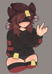 1girls blindfold blush_lines brown_hair clothed clothing hat large_breasts looking_at_viewer roblox roblox_avatar shy solo thick_thighs thighhighs waving