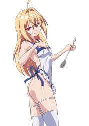 blonde_hair hikikomari_kyuuketsuki_no_monmon ladle naked_apron nude_female nudity pointy_ears red_eyes sesshoalex terakomari_gandezblood thigh_highs vampire vampire_girl