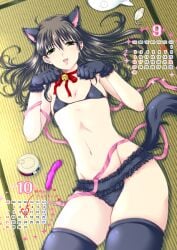 1boy alternate_costume asagiaya bell_collar bikini_top black_bikini_top black_gloves black_hair black_legwear black_thighhighs calendar calendar_(medium) cat_costume cat_ears cat_tail catboy crossdressing fake_animal_ears femboy gintama gloves green_eyes katsura_kotarou lingerie long_hair long_hair_male looking_at_viewer male male_only neck_ribbon nipple_bulge on_back otoko_no_ko paw_gloves pinup ribbon ribbon_choker smile solo tatami thick_thighs thighhighs trap wide_hips zettai_ryouiki