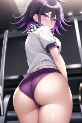 ai_generated ass_focus blush danganronpa danganronpa_v3 dark_purple_hair female_only genderswap_(mtf) gym gym_uniform kokichi_ouma nai_diffusion ouma_kokichi purple_eyes rule_63 scarf shorts small_breasts smile stable_diffusion sweating