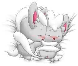 2girls aqua_blue blush cinccino clitoris closed_eyes digital_media_(artwork) female female_only feral feral_on_feral fur furry on_bed open_mouth pokémon_(species) pokemon tail vagina vaginal_penetration yuri