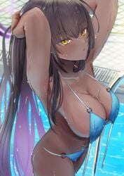 2cafenami6 absurdres alternate_costume armpits arms_up bikini black_hair blue_archive blush breasts cafenami cleaning_&_clearing_(blue_archive) cleavage collarbone dark-skinned_female dark_skin female halo halterneck highres karin_(blue_archive) large_breasts long_hair looking_at_viewer millennium_science_school_student multicolored_hair o-ring o-ring_bikini o-ring_bottom o-ring_top pool pool_ladder poolside purple_hair purple_halo sideboob sideways_glance solo string_bikini swimsuit two-tone_hair untied_bikini very_long_hair water_drop yellow_eyes