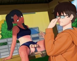 1boy 1futa bar_censor black_hair blush breasts brown_eyes brown_hair censored clothed clothing duo embarrassed erection feces fully_clothed futa_with_male futanari getting_erect glasses half-erect hayase_nagatoro hi_res highres human light-skinned_futanari light-skinned_male light_skin long_hair looking_away male mismatched_tanlines mostly_clothed mostly_nude naoto_hachioji_(senpai) navel penis please_don't_bully_me,_nagatoro ponytail revealing_clothes scat short_hair simple_background sitting small_breasts sports_bra sportswear spread_legs sweat tan tan-skinned_futanari tan_body tan_skin tanline tanned tanned_futa torn_clothes viledraws