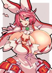 blue_eyes cleavage color_edit elphelt_valentine fluffy2sphere guilty_gear guilty_gear_xrd heart_hands huge_breasts pink_hair ritax short_hair third-party_edit wedding_dress wink