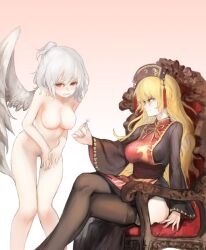 2girls armchair better_version_at_source black_dress black_headwear black_legwear blonde_hair blush breasts chair closed_mouth clothed_female_nude_female crossed_legs dress embarrassed feathered_wings female_pubic_hair gradient_background hair_between_eyes hat heoningu junko_(touhou) kishin_sagume large_breasts leaning_forward long_hair lowres multiple_girls nipples nude pubic_hair red_eyes ribbon silver_hair single_wing tabard tareme tassel thighhighs touhou wings yellow_ribbon yuri