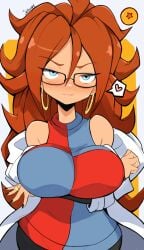 1girls android_21 blue_eyes blush brown_hair clothed coat dragon_ball dragon_ball_fighterz earrings glasses heart heart hoop_earrings jellcaps labcoat large_breasts lipstick nail_polish ring solo suggestive_look