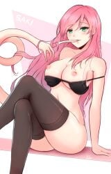 1girls big_ass black_bra black_legwear blush bra breasts breasts_out dunbykitsunee elastic_arms elastic_body elasticity elongation female finger_to_mouth green_eyes highres lastic legs_crossed light_skin lingerie long_arms long_body long_hair nipples pale_skin pink_hair practically_nude saki_(pantsudesu) solo stockings stretching stretchy stretchy_arms stretchy_body superpowers thighs