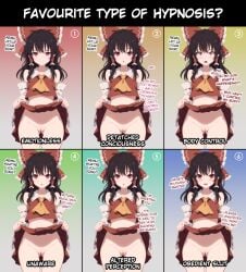 altered_perception aware blush body_control brown_hair command exhibitionism femsub guilegaze hair_ornament hypnosis no_panties pantiless red_eyes reimu_hakurei small_breasts touhou unaware unaware_hypnosis