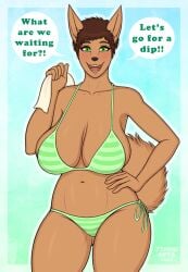 1girls 2023 animal_ears anthro big_breasts bikini blush brown_body brown_hair canine dialogue english_text female female_only fior_(jimmuarts) green_eyes hand_on_hip jimmuarts looking_at_viewer short_hair smiling smiling_at_viewer solo speech_bubble tail talking_to_viewer thick_thighs tomboy towel