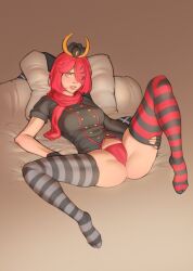 1girls hair_over_one_eye lying panties pokinha red_hair red_panties solo spread_legs striped_legwear