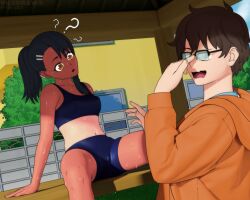 1boy 1girls 3d ? black_hair breasts brown_eyes brown_hair clothed clothing female glasses hayase_nagatoro hi_res highres long_hair naoto_hachioji_(senpai) navel open_mouth please_don't_bully_me,_nagatoro ponytail revealing_clothes short_hair simple_background sitting small_breasts sports_bra sportswear spread_legs sweat tan tan-skinned_female tan_body tan_skin tanline tanned tanned_female viledraws