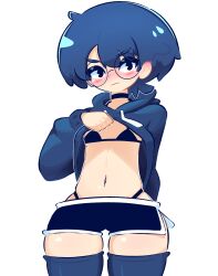 1boy big_thighs blue_hair blush bra femboy glasses hoobl hoobl_(character) hoodie panties