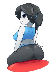 1girls artist_signature ass breasts clothed clothing drawmatt female female_only grey_eyes grey_hair medium_breasts nintendo ponytail smile solo sports_bra sweat tagme white_background wii_fit wii_fit_trainer yoga_pants