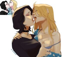 2girls big_breasts black_hair blonde_hair breast_grab breasts clothed clothing doomer_girl french_kiss french_kissing grabbing_breasts lesbian_kiss lesbian_sex long_hair sarunacuso short_hair sloppy_kiss tradwife wojak wojak_comics yuri