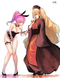 2girls animal_ears bare_arms bare_legs bare_shoulders better_version_at_source black_dress black_footwear black_headwear black_leotard blonde_hair breasts chinese_clothes cleavage detached_collar dress embarrassed fake_animal_ears fingernails full_body hand_up hat heoningu high_heels holding junko_(touhou) large_breasts leaning_forward leotard long_sleeves lowres multiple_girls object_insertion one_eye_closed pigeon-toed pink_hair playboy_bunny ponytail profile rabbit_ears rabbit_tail red_eyes sash sex_toy shoes simple_background smile standing tabard tail tassel thigh_strap touhou tray vaginal_object_insertion vaginal_penetration vibrator vibrator_under_clothes watatsuki_no_yorihime white_background white_sleeves wrist_cuffs yuri