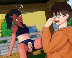 1boy 1futa 3d ? bar_censor black_hair blush breasts brown_eyes brown_hair censored clothed clothing duo embarrassed flaccid fully_clothed futanari glasses hayase_nagatoro hi_res highres human light-skinned_futanari light-skinned_male light_skin long_hair looking_away male mismatched_tanlines mostly_clothed naoto_hachioji_(senpai) navel penis please_don't_bully_me,_nagatoro ponytail revealing_clothes short_hair simple_background sitting small_breasts sports_bra sportswear spread_legs sweat tan tan-skinned_futanari tan_body tan_skin tanline tanned tanned_futa torn_clothes viledraws