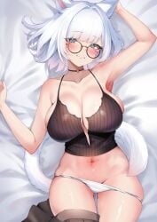 absurdres animal_ears armpits bare_shoulders black_camisole black_choker black_skirt blue_eyes breasts camisole cat_ears cat_girl cat_tail choker cleavage crop_top facial_mark female final_fantasy final_fantasy_xiv glasses highres large_breasts looking_at_viewer lying miqo'te navel on_back paid_reward_available panties pleated_skirt round_eyewear shhilee short_hair skirt skirt_around_one_leg smile solo stomach tail underwear warrior_of_light_(ff14) whisker_markings white_hair white_panties