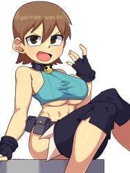 1girls aioi_yuuko breasts brown_eyes brown_hair collar female female_only fingerless_gloves gloves large_breasts nadia_fortune_(cosplay) nichijou open_mouth open_mouth painting_fish short_hair skullgirls solo solo_female tomboy