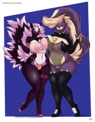 absurd_res anthro anthrofied big_breasts breasts clothed clothing deadpliss digital_media_(artwork) duo female footwear fur genitals hair hi_res high_heels ipan leggings legwear lingerie looking_at_viewer mammal mephitid nikita_orlov_(jenkinsc37) nintendo nipples pokémon_(species) pokemon pokemon_(species) pokemorph purple_body purple_fur pussy shoes simple_background skuntank smile sneakers stunky tatianna_orlov_(jenkinsc37) text translucent translucent_clothing url video_games wide_hips