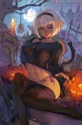 1girls animal black_cat black_fur black_pantyhose black_shirt blonde_hair breasts broom candle chilling_adventures_of_sabrina choker clothes_pull collarbone crescent cutesexyrobutts feline female fire full_moon goth goth_girl green_eyes hairband halloween hand_on_own_chest headpat highres jack-o'-lantern jewelry large_breasts long_sleeves looking_at_viewer midriff moon navel necklace one_eye_closed panties pantyhose pantyhose_pull pumpkin purple_panties sabrina_spellman sabrina_the_teenage_witch salem_(sabrina_the_teenage_witch) see-through shirt short_hair side-tie_panties sitting smile solo star_(sky) star_(symbol) thighs tombstone underwear watermark web_address witch