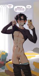 1cuntboy black_hair blue_eyes clothes_lift cuntboy cuntboy_only dialogue english_text glasses hi_res holding_phone incase pants_down phone pussy selfie short_hair solo speech_bubble