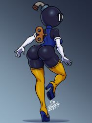 2023 5_fingers absurd_res anthro armwear ass big_breasts biped black_body black_skin blue_clothing blue_heels blue_leotard bob-omb breasts bubble_butt butt_pose clothed clothing elbow_gloves empty_eyes eyelashes female fingers footwear for_a_head full-length_portrait fully_clothed fuse glistening glistening_butt gloves grey_background handwear head_turned hi_res high_heels humanoid legwear leotard mario_(series) monotone_body nintendo not_furry object_head on_one_leg platform_footwear platform_heels portrait pose shaded signature simple_background skimpy solo srbready standing stockings thigh_highs white_clothing white_eyes white_gloves white_handwear wind-up_key