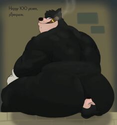 anthro ass big_butt black_body black_fur cigar clothing dialogue disney domestic_cat duo facesitting felid feline felis fur gloves goof_troop handwear ivory-dove looking_at_another looking_back male male/male mammal manly mickey_mouse mouse murid murine nude obese obese_anthro obese_male overweight overweight_anthro overweight_male pete_(disney) peter_pete_sr. rodent sitting sitting_on_another size_difference