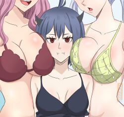 2023 3girls absurd_res between_breasts big_breasts bikini black_clover blue_hair breast_press breasts cleavage female female_only head_between_breasts highres large_breasts light-skinned_female light_skin multiple_girls noelle_silva open_mouth pink_hair red_eyes secre_swallowtail swimsuit twintails vanessa_enoteca white_hair zeik999